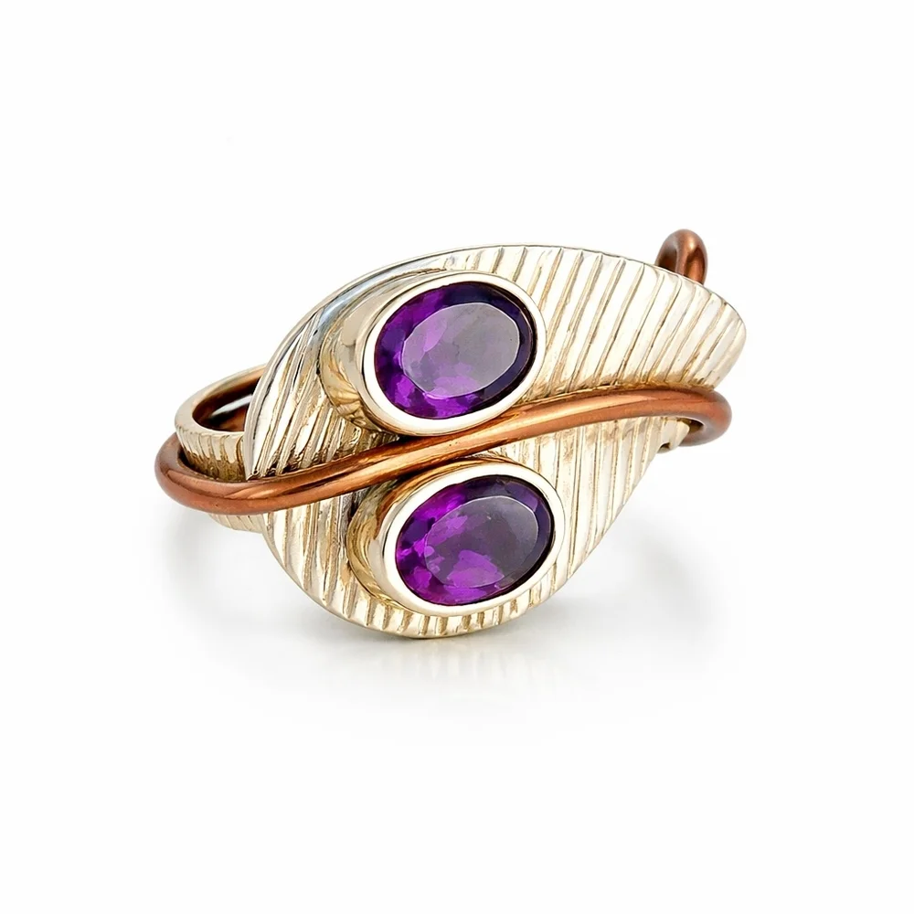 Sterling Silver Amethyst Leaf Design Bypass Ring 9